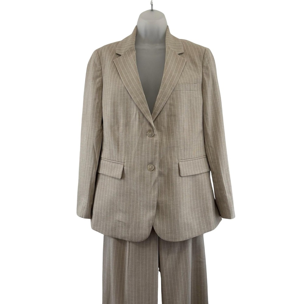 Amour Vert Pant Suit Womens‎ Beige Pinstripe Linen Blend Jacket S Pants 2